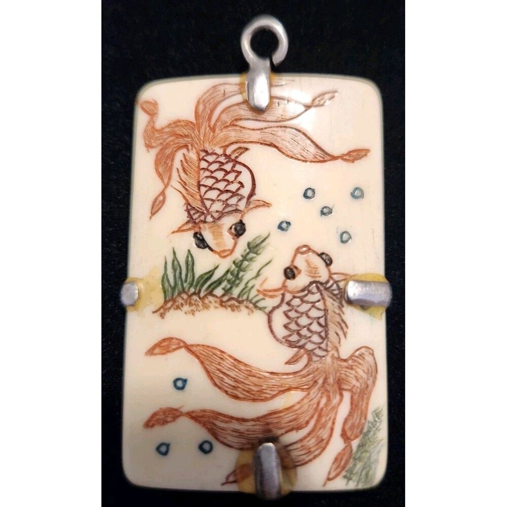 Vintage Sterling Silver Hand Carved Koi Fish Pendant Asian Good Luck Charm